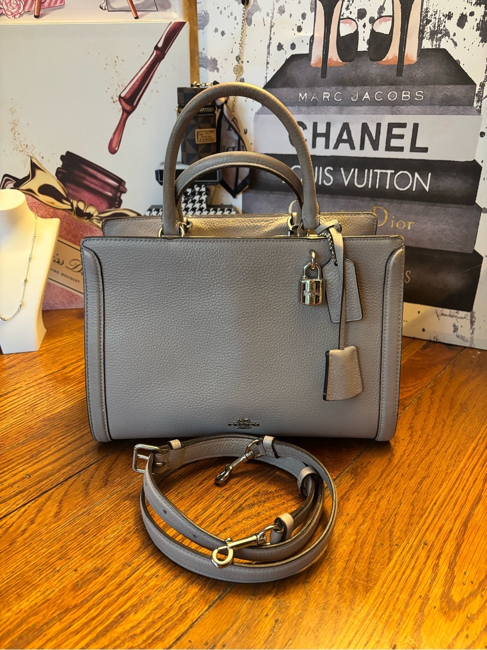 Coach Zoe 88037 Taupe Pebbled Leather Satchel Crossbody Bag